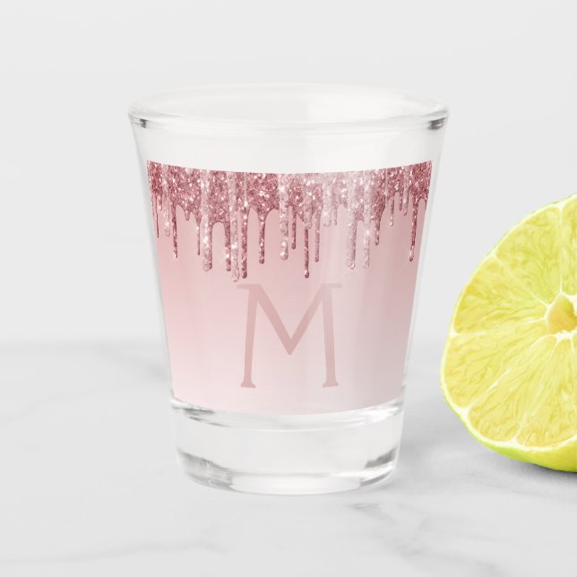 Rosa Rose Gold Glitzer & Sparkle Monogram Birthday Schnapsglas (Vorderseite)