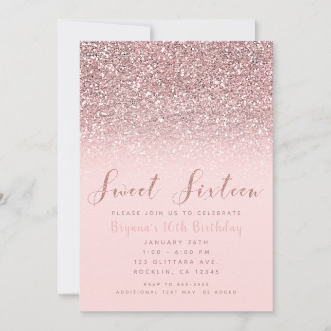 Rosa Rose Gold Glitzer Sparkle Sweet 16 Party Einladung (Vorderseite)