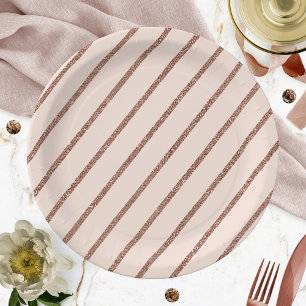 Rosa Rose Gold Glitzer Streifenmuster Pappteller