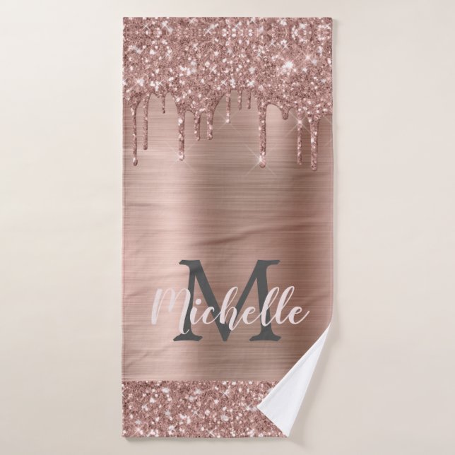 Rosa Rose Gold Glitzer Tropfen Elegantes Monogramm Badehandtuch (Badehandtuch)