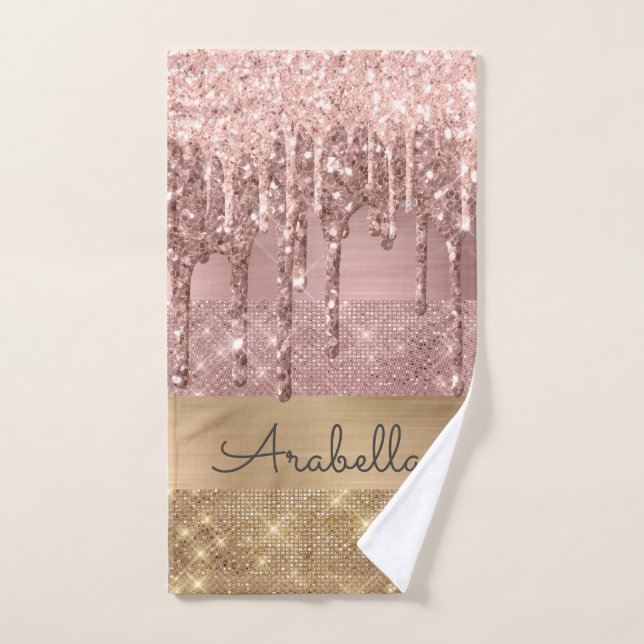 Rosa Rose Gold Glitzer Tropfen Gold Srips Name Handtuch (Handtuch)