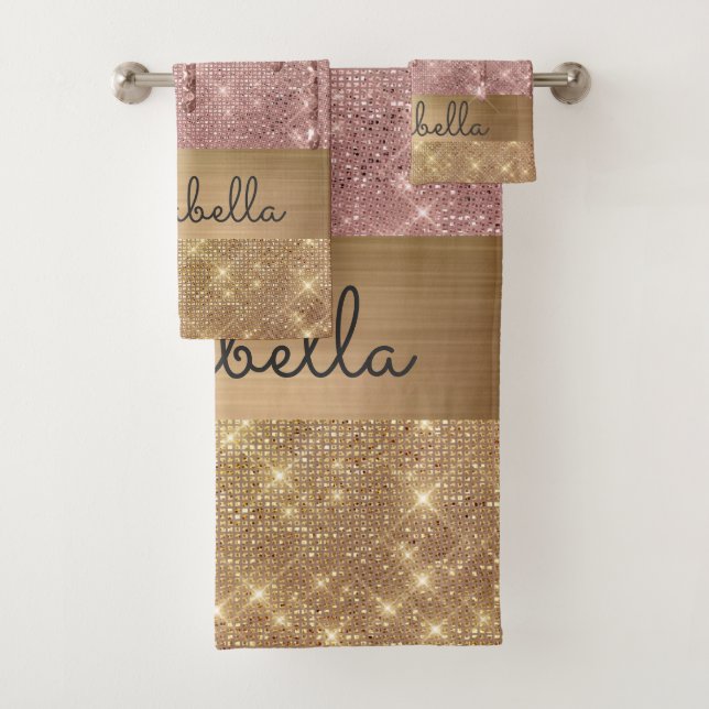 Rosa Rose Gold Glitzer Tropfen Individuelle Name Badhandtuch Set (Insitu)