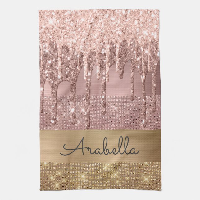 Rosa Rose Gold Glitzer Tropfen Individuelle Name Geschirrtuch (Vertikal)