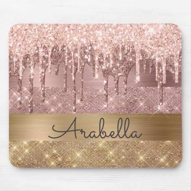 Rosa Rose Gold Glitzer Tropfen Individuelle Name Mousepad (Vorne)