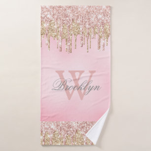 Rosa Rose Gold Glitzer Tropfen Mit Monogramm Badehandtuch