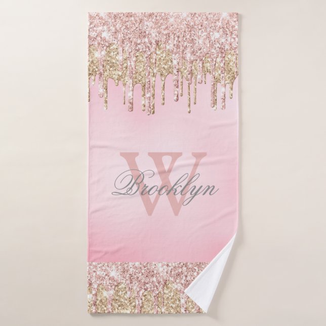 Rosa Rose Gold Glitzer Tropfen Mit Monogramm Badehandtuch (Badehandtuch)
