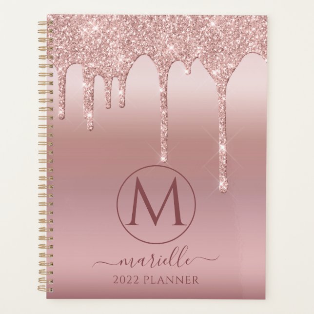 Rosa Rose Gold Glitzer Tropfen Monogram 2022 P Planer (Vorderseite)