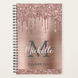 Rosa Rose Gold Glitzer Tropfen Monogram 2024 Planer