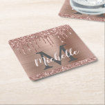 Rosa Rose Gold Glitzer Tropfen Monogram Rechteckiger Pappuntersetzer<br><div class="desc">Stilvolle, mädchenhafte Rose Gold Glitzer Tropfen individuelle Name und mit Monogramm Papier Untersetzer. Dieses Design verfügt über rot-Rose Gold Glitzer funkelnde Tropfen auf rosa gebürstetem Metall Hintergrund mit personalisierten monogramm Initial-und Vorname Text Vorlage. Perfektes, mädchenhaftes Geschenk. Bitte beachten Sie, dieses Design ist gedruckt Foto-Effekt. Wenn Sie Hilfe oder passende Artikel...</div>