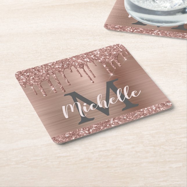 Rosa Rose Gold Glitzer Tropfen Monogram Rechteckiger Pappuntersetzer (angewinkelt)