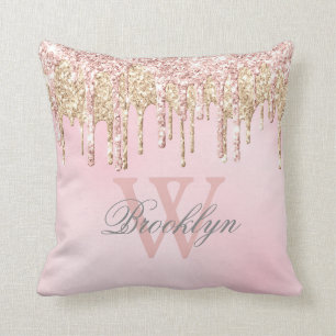 Rosa Rose Gold Glitzer Tropfen Monogramm Kissen