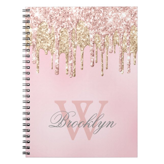 Rosa Rose Gold Glitzer Tropfen Name Mit Monogramm Notizblock (Vorderseite)