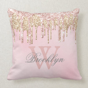 Rosa Rose Gold Glitzer Tropfen Name Monogram T Kissen