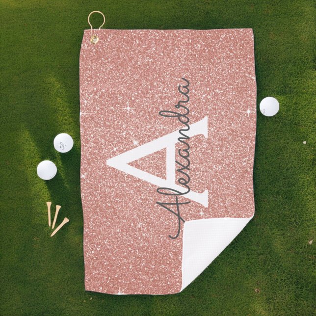 Rosa Rose Gold Glitzer und Monogramm-Name Golfhandtuch (Von Creator hochgeladen)