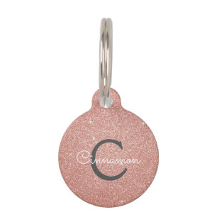 Rosa Rose Gold Glitzer und Monogramm-Name Haustiermarke