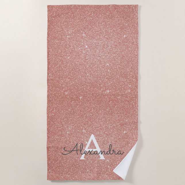 Rosa Rose Gold Glitzer und Monogramm-Name Strandtuch (Vorderseite)