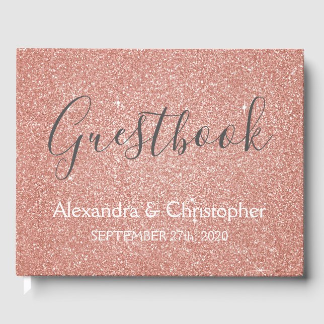 Rosa Rose Gold Glitzer Wedding Guest Book Gästebuch (Vorderseite)