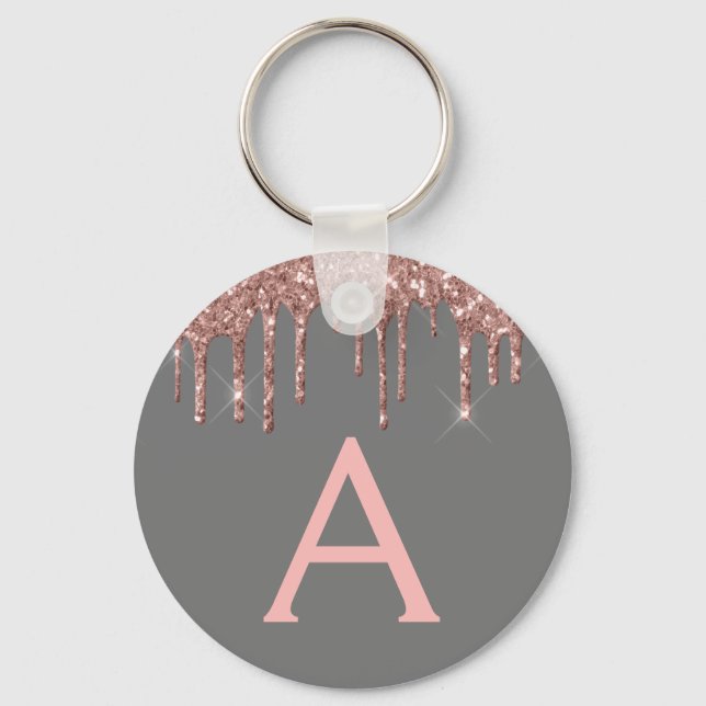 Rosa Rose Gold Holzkohle Grau Glitzer Monogramm Schlüsselanhänger (Vorderseite)