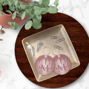 Rosa Rose Gold Imitate Glitzer Tropfen Monogramm Schlüsselanhänger