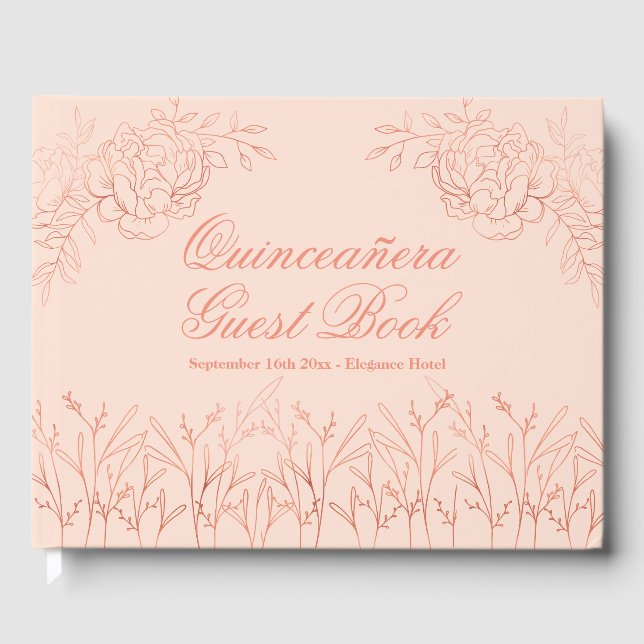 Rosa Rose Gold Kontur Quinceanera Gästebuch (Vorderseite)