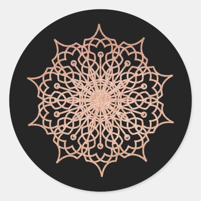 Rosa Rose Gold Liz Mandala Black Runder Aufkleber (Vorderseite)