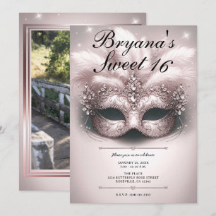Rosa Rose Gold Masquerade Sweet 16 Foto Geburtstag Einladung