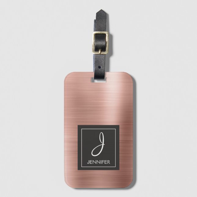 Rosa Rose Gold Metal Elegante Monogram Gepäckmarke Gepäckanhänger (Vorderseite Vertikal)