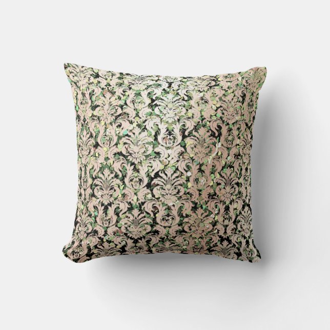 Rosa Rose Gold Metallic Damask Green Sequel Kissen (Vorderseite)