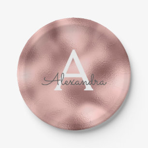 Rosa Rose Gold Metallic Foil Monogram Birthday Pappteller