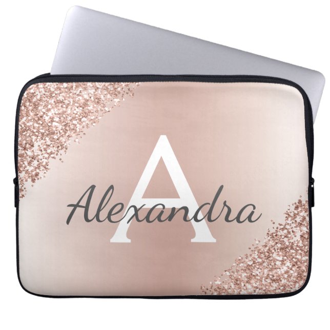 Rosa Rose Gold Metallischer Glitzer Monogramm Laptopschutzhülle (Vorderseite)