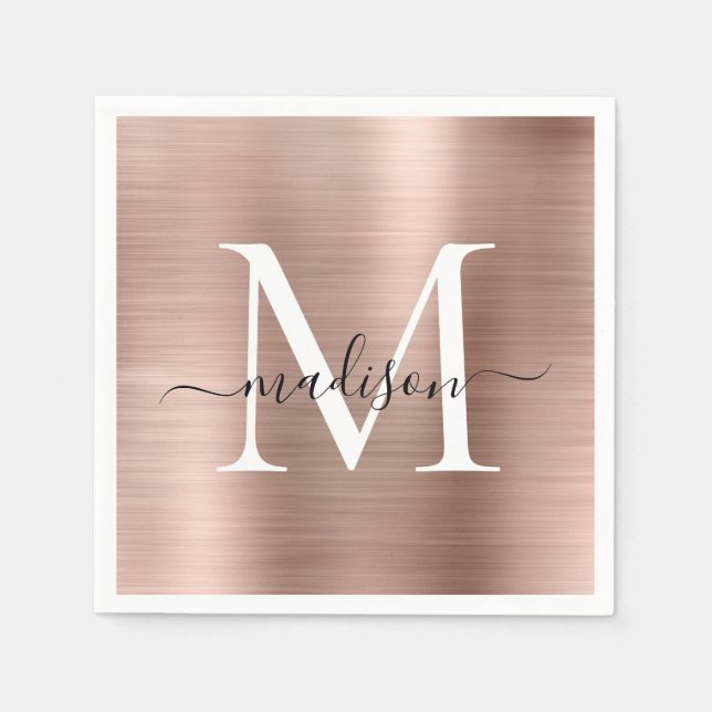 Rosa Rose Gold Monogram Girly Script Bürstenmetall Serviette (Vorderseite)