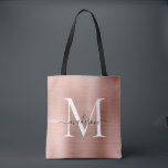 Rosa Rose Gold Monogram Glam Brushed Metal Script<br><div class="desc">Glam Pink Rose Gold Pinselform Monogram Tote Bag</div>
