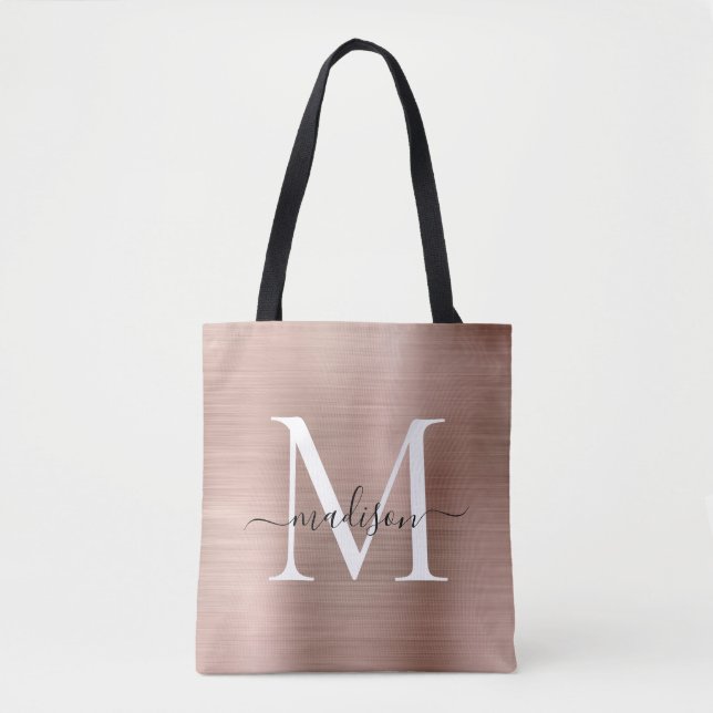 Rosa Rose Gold Monogram Glam Brushed Metal Script (Vorderseite)