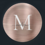 Rosa Rose Gold Monogram Script Glam Metallic Steel Pappteller<br><div class="desc">Rosa Rose Gold Monogram Script Glam Metallic Steel Paper Plate</div>