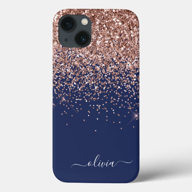 Rosa Rose Gold Navy Blue Glitzer Monogram Ca Case-Mate iPhone Hülle (Rückseite)