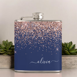 Rosa Rose Gold Navy Blue Glitzer Monogram Flachmann