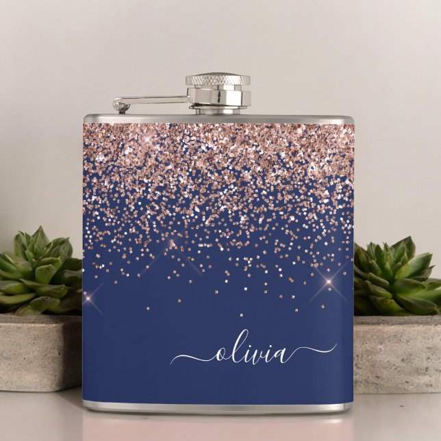 Rosa Rose Gold Navy Blue Glitzer Monogram Flachmann (Von Creator hochgeladen)