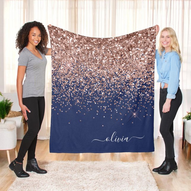 Rosa Rose Gold Navy Blue Glitzer Monogram Fleecedecke (Von Creator hochgeladen)