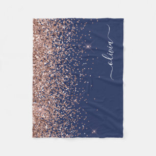 Rosa Rose Gold Navy Blue Glitzer Monogram Fleecedecke
