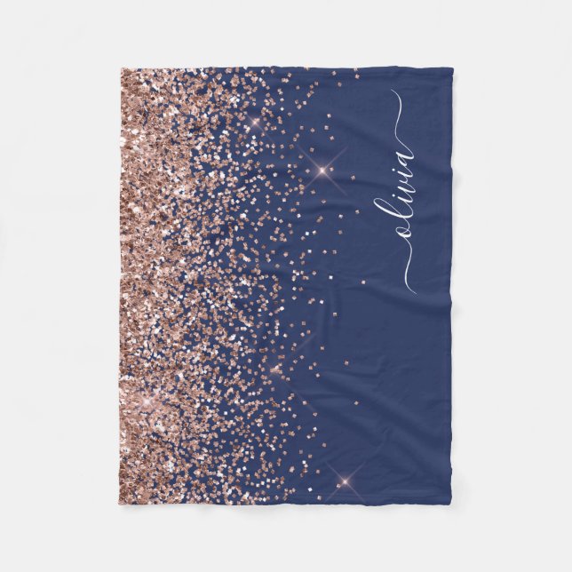 Rosa Rose Gold Navy Blue Glitzer Monogram Fleecedecke (Vorderseite)