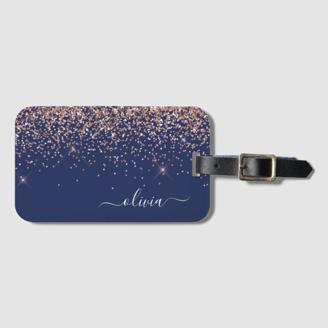 Rosa Rose Gold Navy Blue Glitzer Monogram Gepäckanhänger (Vorderseite (Horizontal))