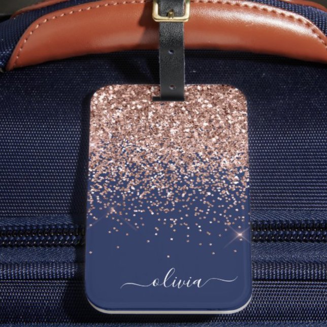 Rosa Rose Gold Navy Blue Glitzer Monogram Gepäckanhänger (Von Creator hochgeladen)
