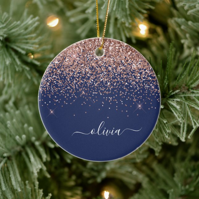 Rosa Rose Gold Navy Blue Glitzer Monogram Keramik Ornament (Baum)