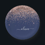 Rosa Rose Gold Navy Blue Glitzer Monogram Pappteller<br><div class="desc">Rose Gold - Blush Pink und Navy Blue Sparkle Glitzer Monogram Name und Initial Party Teller. Das macht den perfekten 16 Geburtstag,  Hochzeit,  Brautparty,  Jubiläum,  Babydusche oder Junggeselinnen-Abschied Geschenk für jemanden,  der Lieben glamourösen Luxus und schicke Stile.</div>