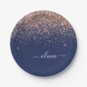 Rosa Rose Gold Navy Blue Glitzer Monogram Pappteller