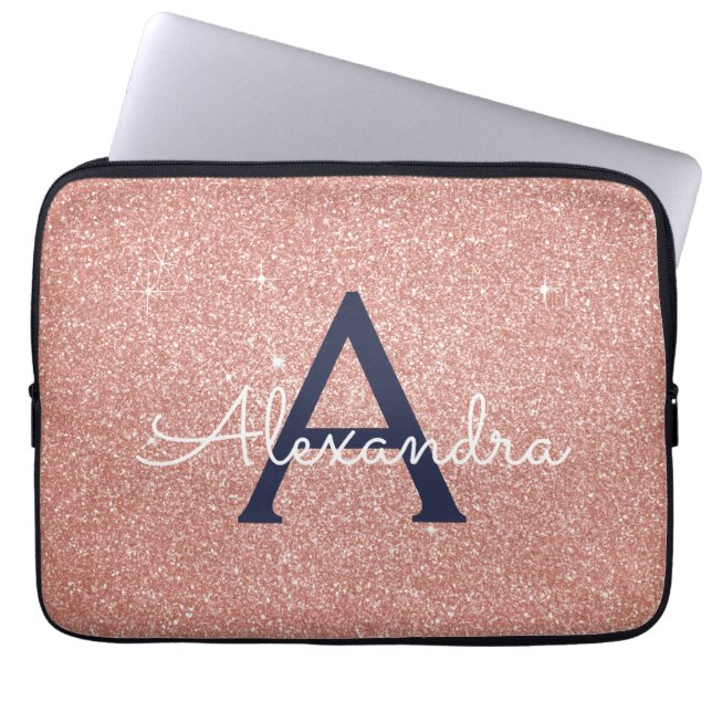Rosa Rose Gold Navy Blue Glitzer Sparkgram Monogra Laptopschutzhülle (Vorderseite)