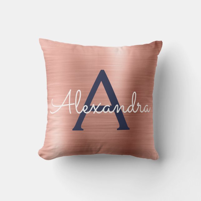 Rosa Rose Gold Navy Blue Monogram Name Kissen (Vorderseite)