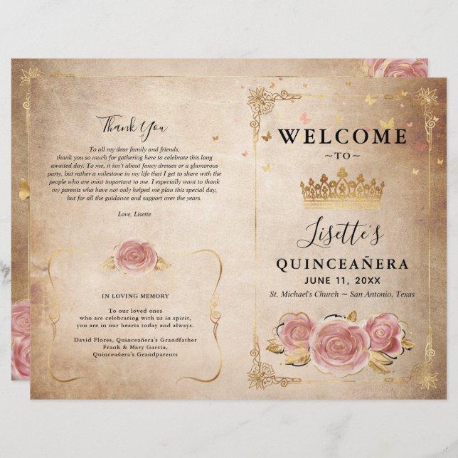 Rosa Rose Gold Parchment Quinceanera Programm (Vorne/Hinten)