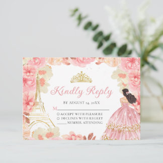 Rosa Rose Gold Princess Quinceañera RSVP Card Karte