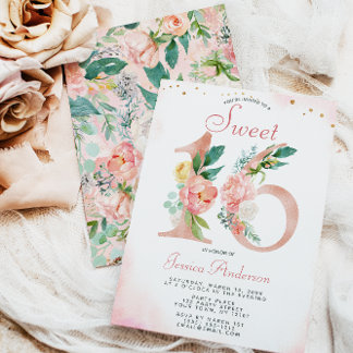 Rosa Rose Gold Prinzessin Blumensüß 16 Geburtstag Einladung